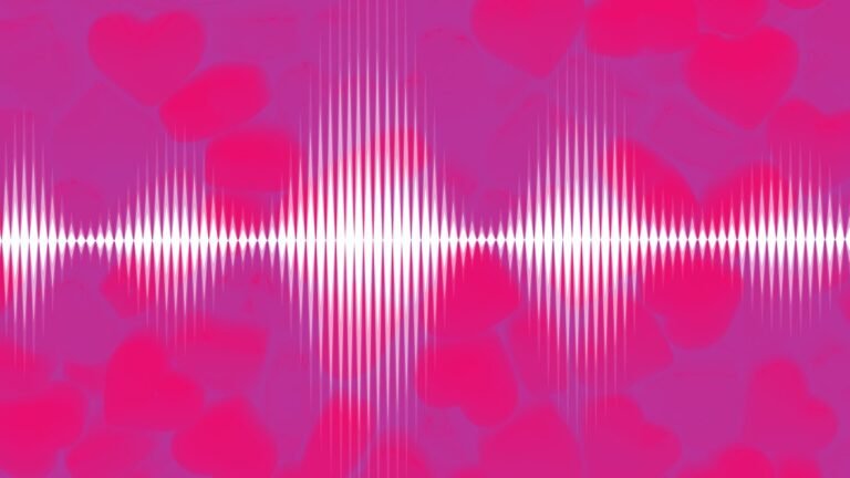 grapic depiction of white soundwaves on pinkish background