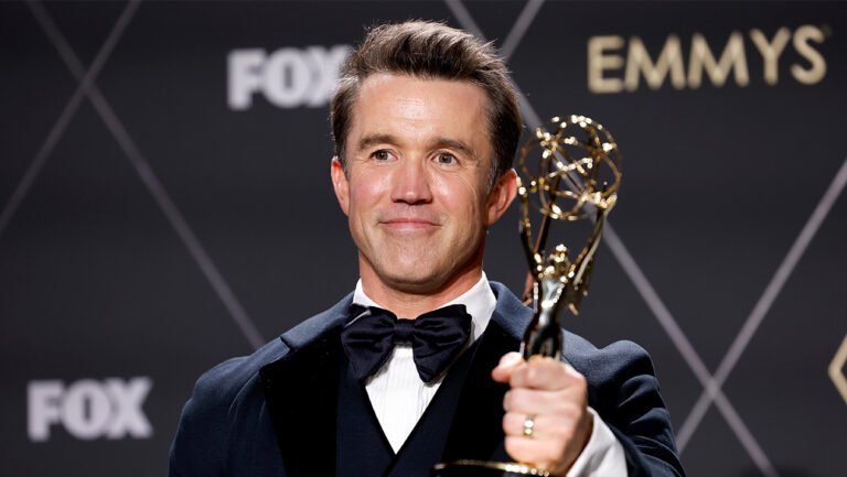 Rob McElhenney holds his Emmy for best unstructured reality program for "Welcome to Wrexham" in January 2024.a