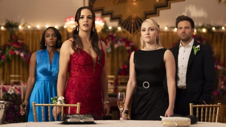 GROSSE POINTE GARDEN SOCIETY -- "Monaco Under the Stars" Episode 111 -- Pictured: (l-r) Aja Naomi King as Catherine, Melissa Fumero as Birdie, AnnaSophia Robb as Alice, Ben Rappaport as Brett -- (Photo by: Mark Hill/NBC)