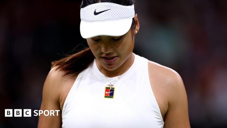 Emma Raducanu reacts to a point during her Wimbledon third round match against Aryna Sabalenka