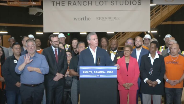 Gov. Gavin Newsom speaks during a July 2 press conference at The Ranch Lot Studios in Burbank.