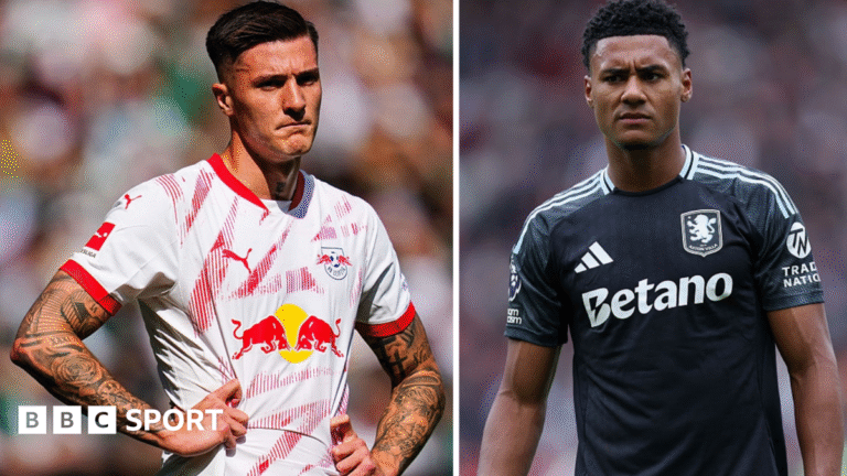 RB Leipzig's Benjamin Sesko and Aston Villa's Ollie Watkins