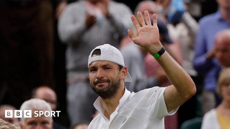 Grigor Dimitrov looks upset as he waves to Centre Court crowd following retirement from his last-16 match against Jannik Sinner at Wimbledon